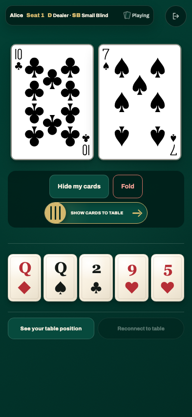 Player phone showing the same five public cards and this player’s locally revealed private cards / 玩家手机显示同一组五张公共牌及仅本机可见的私牌