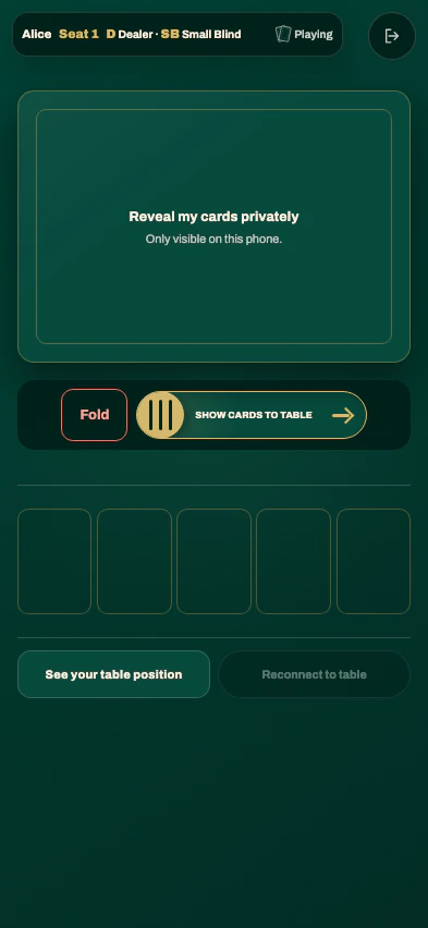 Player phone with private cards covered behind the local reveal control / 玩家手机上的私牌仍被本地查看控件覆盖
