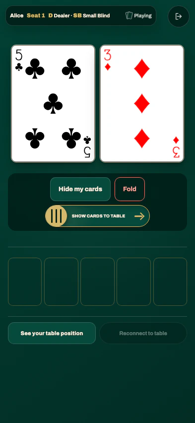 Player phone showing two privately revealed cards while public show remains guarded / 玩家手机显示两张私密查看的牌，公开展示仍受保护