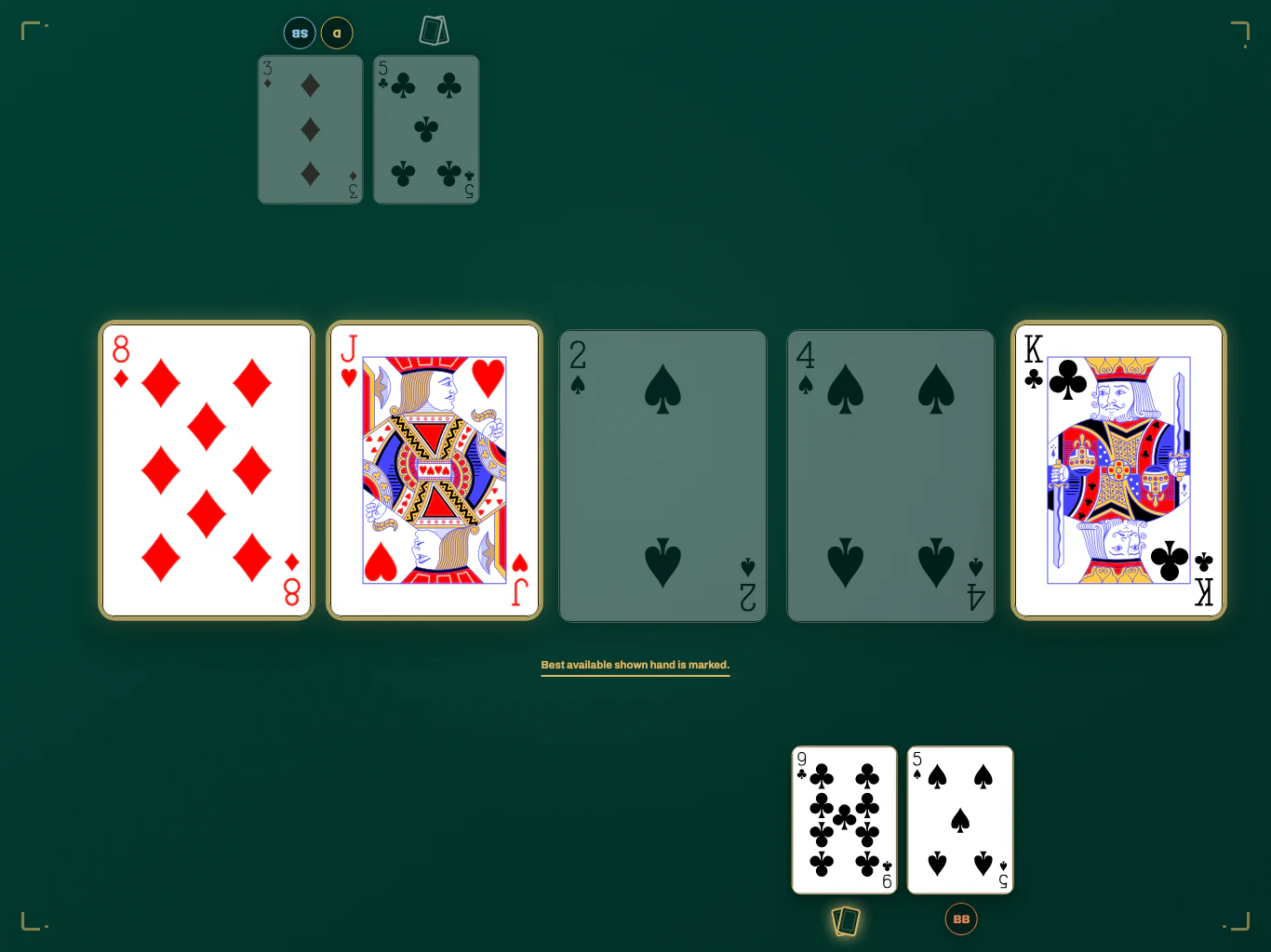 Shared table at showdown with shown private cards and the best five-card hand marked / 共同桌面在摊牌时显示已公开私牌并标出最佳五张牌